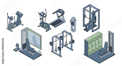 Isometric illustration of various gym equipment and fitness machines.