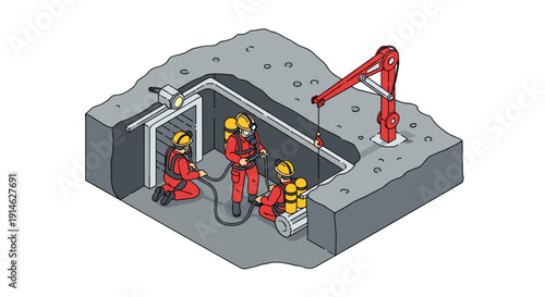 Isometric illustration of workers in a trench with an excavator.