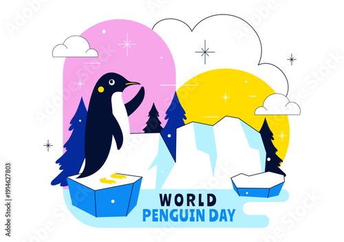 World Penguin Day Celebration Vector Illustration Featuring Cute Antarctic Penguins In A Festive Polar Wildlife Scene Flat Background