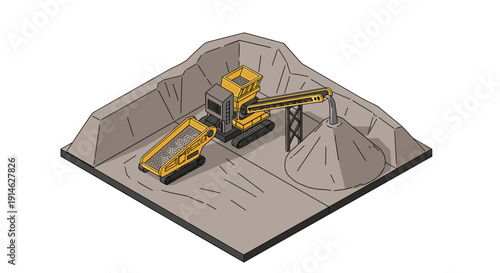 Isometric view of a mining operation with excavator and dump truck.