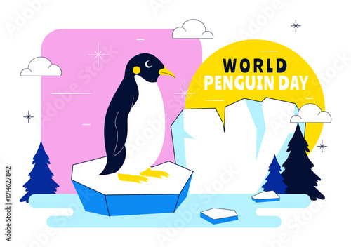 World Penguin Day Celebration Vector Illustration Featuring Cute Antarctic Penguins In A Festive Polar Wildlife Scene Flat Background