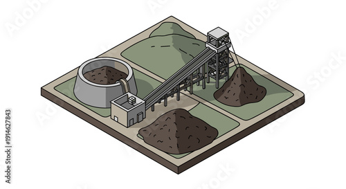 Isometric view of a mining operation with various industrial structures and piles of raw materials.