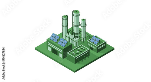 Isometric view of a modern industrial complex with solar panels.
