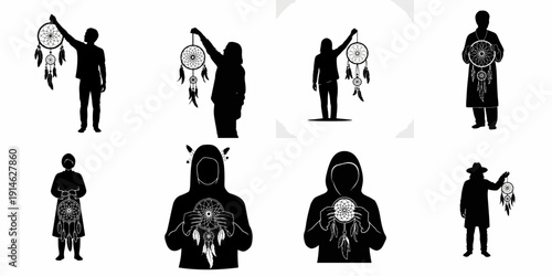 Set of Black Silhouettes with Dreamcatchers: People Holding Traditional Talismans Representing Protection, Spirituality, and Indigenous Culture in Vector Illustration.