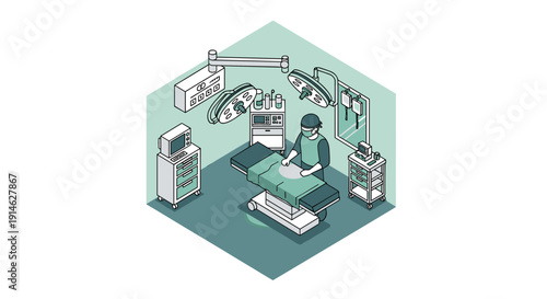 Isometric view of a modern operating room with a surgeon performing a medical procedure.