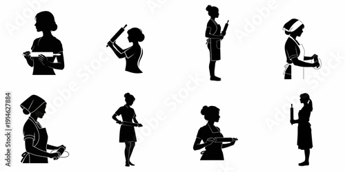 Female Baker and Chef Silhouettes Set: Various Poses of Women Holding Rolling Pins for Cooking and Pastry Design.