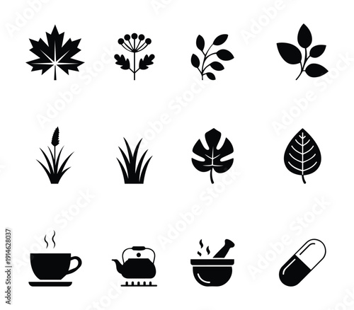 Set of solid silhouette icons featuring botanical leaves, plants, tea cup, kettle, mortar bowl, and capsule. Clean black vector symbols isolated on transparent background