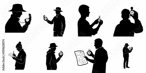Collection of male silhouettes using compasses and maps for navigation, adventure, and exploration, isolated on a white background.