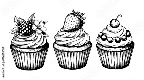 Hand Drawn Cupcakes with Berries and Cherry White Background dessert sweet