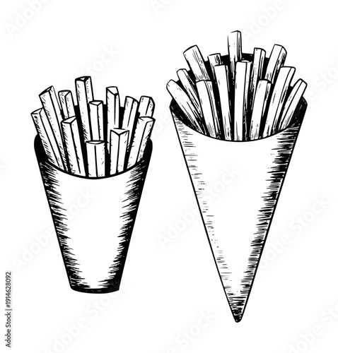 Hand Drawn French Fries in Paper Cones Isolated White Background food potato