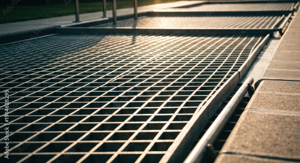 Fototapeta premium A close-up angled view of a metallic grate with sunlit squares, near a stone border