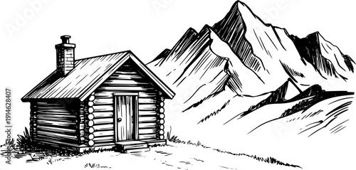Hand drawn of a rustic log cabin nestled at the base of snow capped mountains