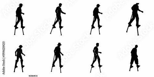 Eight Black Silhouettes of People Walking and Performing on Stilts Against a White Background, Isolated Vector Set.