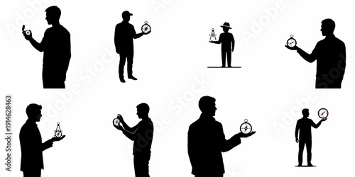 Black Silhouettes of Men Holding Compasses in Various Poses, Representing Navigation, Direction, Guidance, and Adventure.