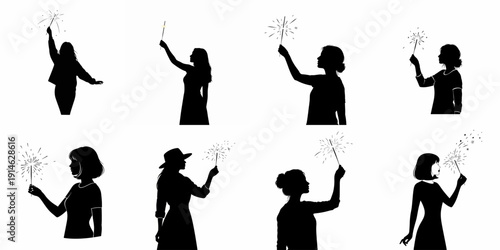 Set of black silhouettes of women celebrating with sparklers. Female figures holding burning fireworks for party and holiday events collection.