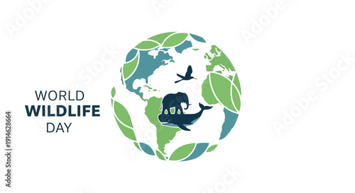 Flat minimalist illustration of World Wildlife Day concept with a globe, leaves, and various animals for conservation and nature education in a corporate setting.