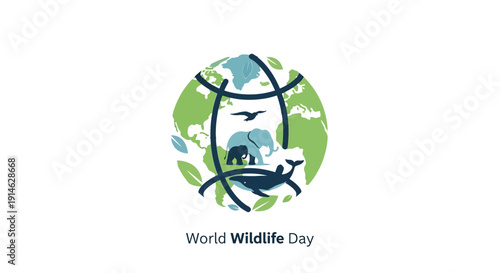 Flat minimalist illustration of a globe with various animals, representing World Wildlife Day and conservation concept, with a corporate and educational theme.