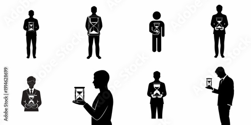 Silhouettes of men and figures holding hourglass icons, symbolizing time management, urgency, deadlines, and the fleeting nature of time in business and life.