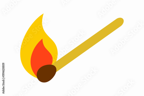 Single burning matchstick with bright yellow and orange flame white background fire