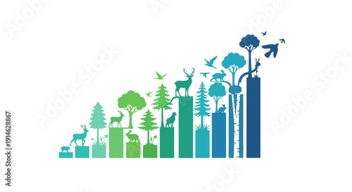 Flat minimalist illustration of a cityscape with trees, animals, and buildings in shades of green and blue, representing World Wildlife Day and conservation concept.