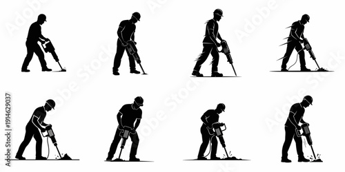 Eight black silhouettes of construction workers using jackhammers for demolition, groundwork, and road repair, isolated vector illustration set.