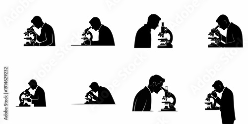 Black Silhouettes of Scientists and Researchers Using Microscopes: Set of Vector Icons for Science, Laboratory, and Medical Research.