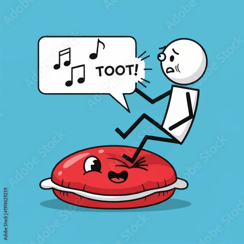 Cartoon character riding inflatable ring with musical notes.