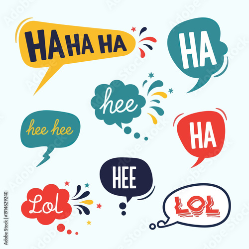 Collection of colorful speech bubbles expressing laughter and amusement.