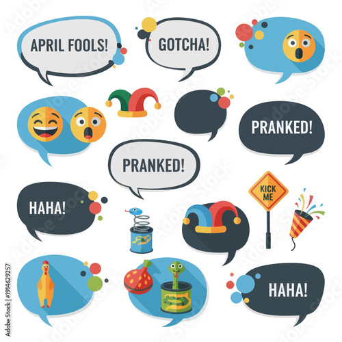 Collection of speech bubbles and icons for April Fools pranks and jokes.