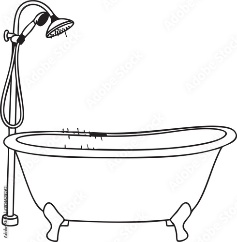 Black and white line of a clawfoot bathtub with handheld showerhead clawfoot tub