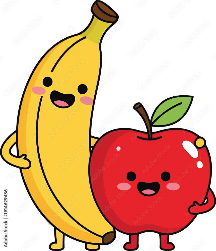Obraz premium Cute cartoon banana and red apple characters smiling together