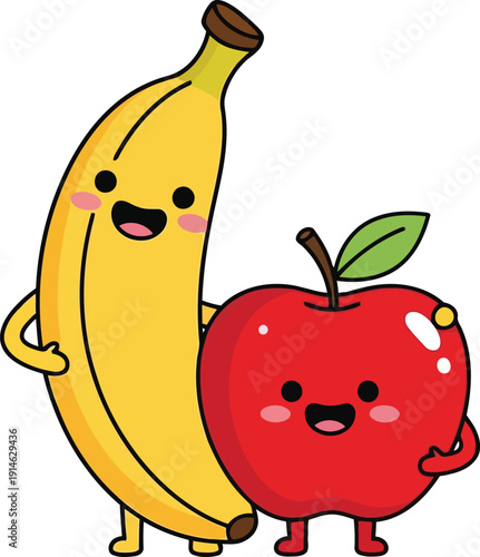 Cute cartoon banana and red apple characters smiling together