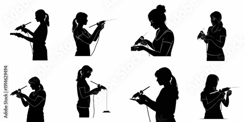 Eight vector silhouettes illustrating women and girls using hot glue guns for DIY projects, crafting hobbies, and home repairs, isolated on white.