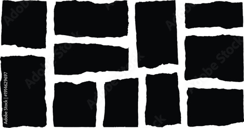 Torn paper scraps, ripped silhouettes, or distressed geometric shapes