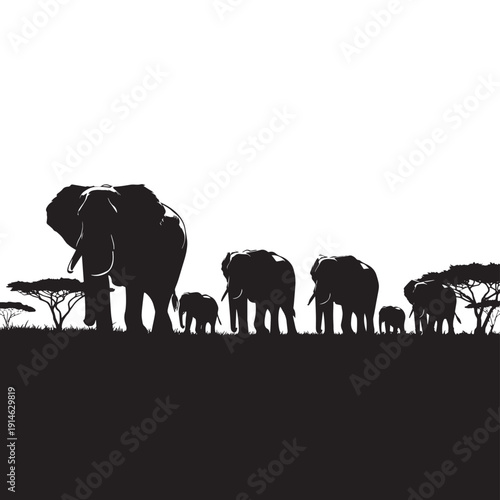 Silhouetted elephant herd walking across a savanna at dusk with trees lining the horizon.
