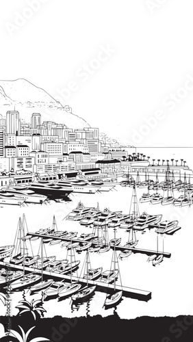 Monochrome Harbor Scene of a Coastal City with Docks and Boats under Mountain Backdrop.