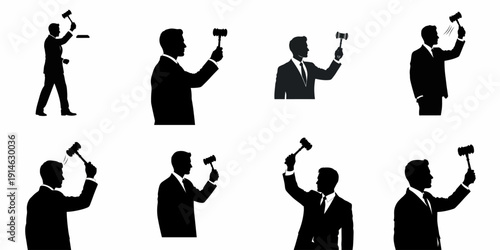 Set of black silhouettes showing an auctioneer or judge striking a gavel, representing decision, auction, and law authority figures.