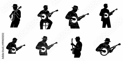 Eight stylized black vector silhouettes of male musicians playing the banjo in various positions, ideal for music and entertainment themes.