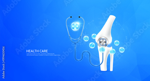 Plus sign inside stethoscope on knee joint model. Surrounded by medical icons. Health care check up bone concept. 3D Vector EPS10.