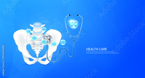 Plus sign inside stethoscope on pelvis model. Surrounded by medical icons. Health care check up bone concept. 3D Vector EPS10.