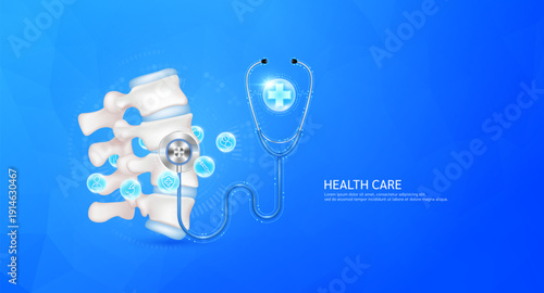 Plus sign inside stethoscope on vertebra model. Surrounded by medical icons. Health care check up bone concept. 3D Vector EPS10.