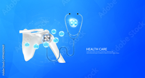 Plus sign inside stethoscope on shoulder joint model. Surrounded by medical icons. Health care check up bone concept. 3D Vector EPS10.