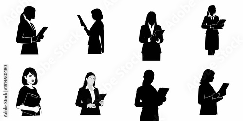 A Collection of Professional Businesswoman Silhouettes and Icons Holding Clipboards, Suitable for Corporate and Administrative Vector Graphics.
