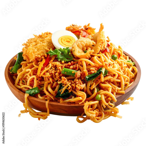 Delicious mie goreng, a popular indonesian street food noodle dish with various toppings, on a dark plate for a mouth-watering culinary scene
