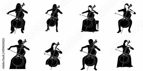 Eight black and white vector silhouettes of female cellists playing the violoncello, showcasing classical music performance and professional musicianship.
