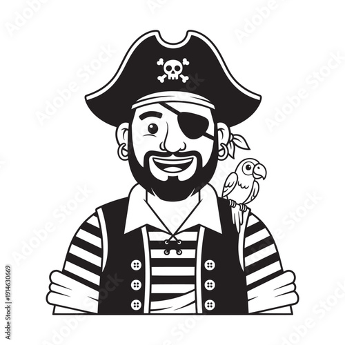 A classic cartoon pirate with eyepatch and parrot perched on shoulder, swashbuckling captain illustration.