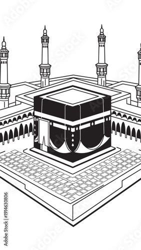 Iconic Kaaba at the Grand Mosque framed by minarets in Mecca.