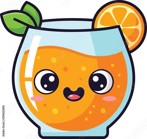 Kawaii orange juice glass with happy face and orange slice