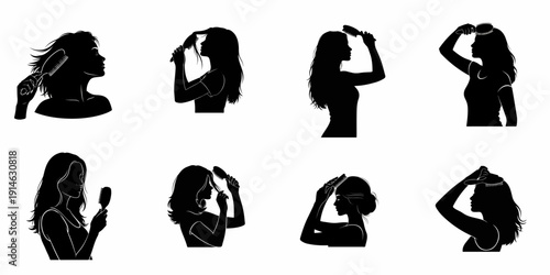 Set of 8 black silhouettes of women brushing and styling their hair, illustrating beauty, personal care, and hair routine icons on a white background.