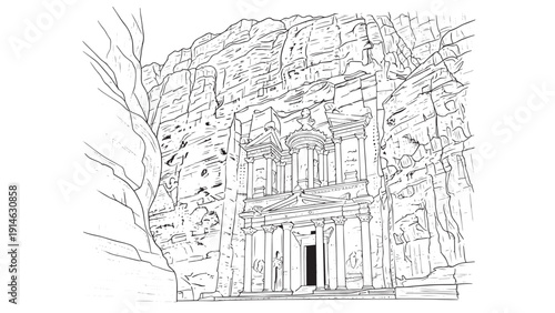 Ancient rock-carved doorway facade amid rugged cliffside and gnarled trees, showcasing historic architecture embedded in natural landscape.